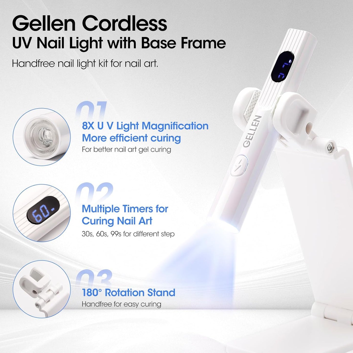 Gellen Portable Mini UV Light for Gel Nails, Handheld UV Nail Lamp with Base, 3 Timer Settings, LCD Display, Fingernails Curing Nail U V Light