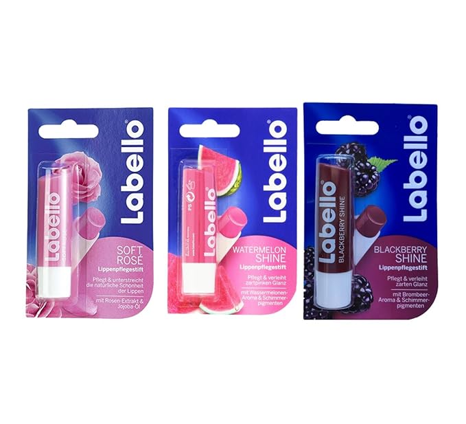 Labello Soft Rose, Labello Watermelon Shine, Labello Blackberry Shine Lip Balm Bundle