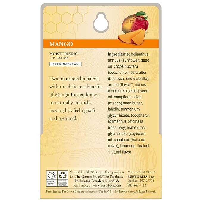 Burt's Bees Lip Balm - Mango, Lip Moisturizer With Responsibly Sourced Beeswax, Tint-Free, Natural Origin Conditioning Lip Treatment, 2 Tubes, 0.15 oz.