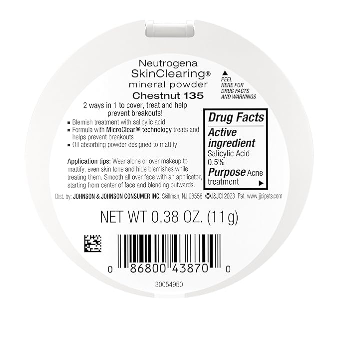 Neutrogena SkinClearing Mineral Acne-Concealing Pressed Powder Compact, Shine-Free & Oil-Absorbing Makeup with Salicylic Acid to Cover, Treat, & Prevent Breakouts, Chestnut 135,.38 oz