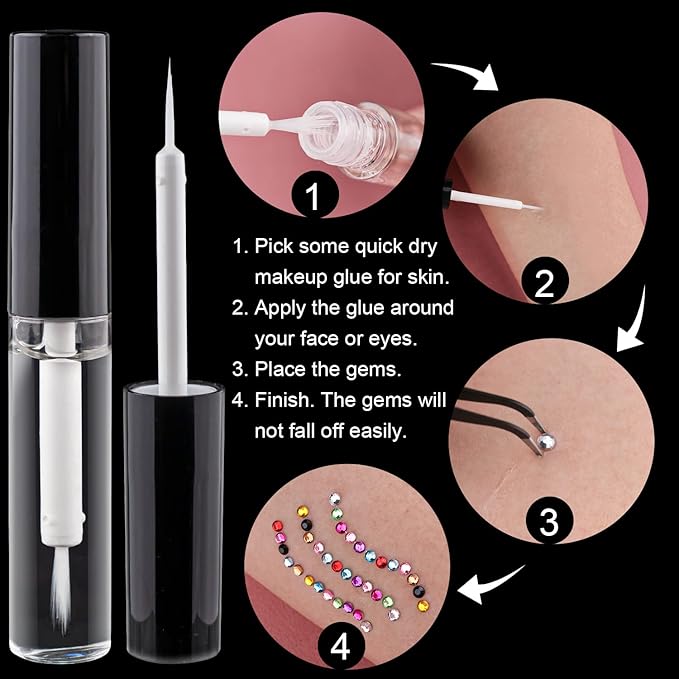 Flat Back Rhinestone Kits Colorful Rhinestones+Transparent White Gems With Quick Dry Makeup Glue+Picker Pencil+Tweezer For Nail Art And Face Make-up