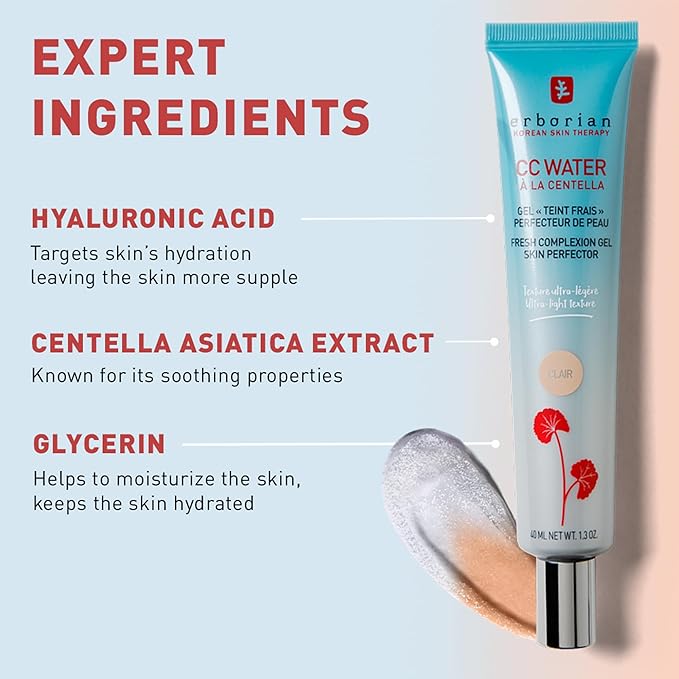 Erborian CC Water with Hyaluronic Acid, Clair - Ultra-Light Aqua Gel Color Corrector with Centella Asiatica & Hyaluronic Acid - Plump, Softer & Hydrated Skin - Korean Skincare Skin Perfector- 0.5 Oz