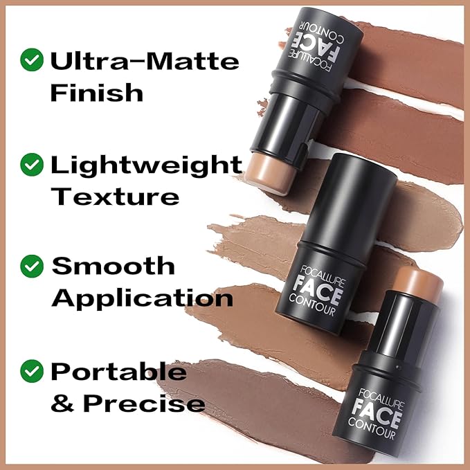 FOCALLURE Cream Contour Stick, Matte Bronzer Stick, Professional Face Shaping & Contouring Stick Makeup, Easy to Apply with Buildable Coverage, Long Lasting & Sweatproof, TORTILLA