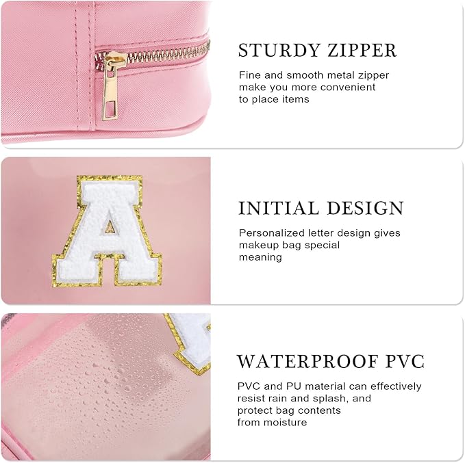 YOOLIFE Travel Toiletry Bag for Women, Pink Clear Makeup Bag Cute Make Up Bag for Women Cosmetic Bags Skin Care Makeup Bag Organizer Birthday Gifts for Women Teacher Mother Girlfriend Initial T