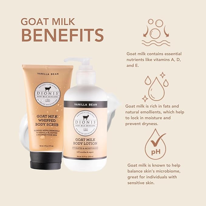 Dionis - Goat Milk Skincare Vanilla Bean Scented Sugar Scrub & Lotion Set (6 oz and 8.5 oz) - Made in the USA - Cruelty-free and Paraben-free