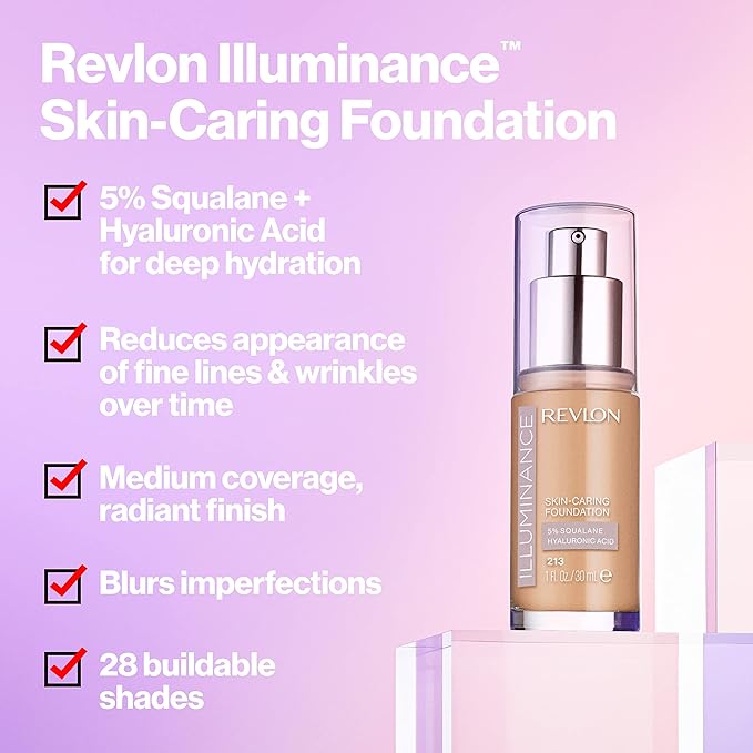 Revlon Illuminance Skin-Caring Liquid Foundation, Hyaluronic Acid, Hydrating and Nourishing Formula with Medium Coverage, 105 Cream Ivory (Pack of 1)