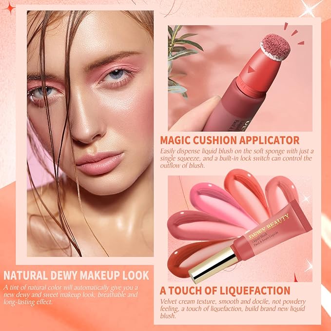 Liquid Blush Makeup Wand, Cream Liquid Blush with Cushion Applicator For Cheeks Tint, Natural-looking, Glow Dewy Finish, Weightless Blendable Liquid Blush Stick | #105 ARDOUR-Red Brown