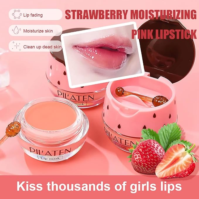 2 PCS Strawberry Lip Mask Lip Balm Honey Pot, Vitamin E & Moisturizing Propolis Sleeping Lip Mask Prevention Dry and Cracked Lip Scrubs Exfoliator (2 strawberry)