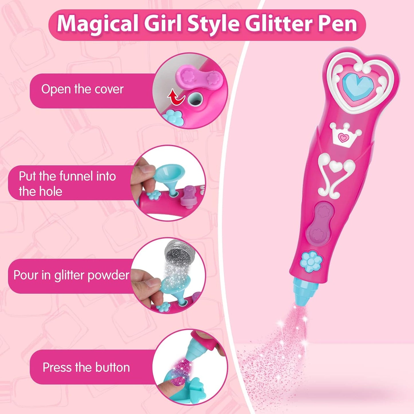 BATTOP Kids Nail Polish Set for Girls, Nail Art Kits with Nail Dryer & Glitter Pen, Quick Dry & Peel Off & Non-Toxic Nail Polish, Christmas Birthday Gifts for Girls Ages 6 7 8 9 10 11 12
