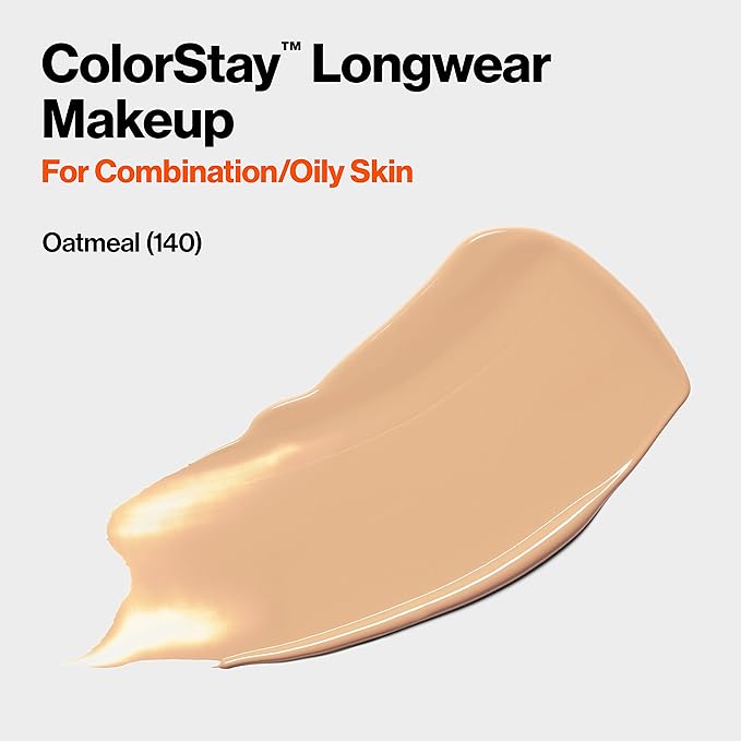 Revlon Liquid Foundation, ColorStay Face Makeup for Combination & Oily Skin, SPF 15, Medium-Full Coverage with Matte Finish, Oatmeal (140), 1.0 oz