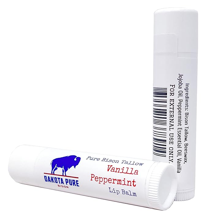 Tallow Balm – Bison Tallow Lip Balm Set of 2 – Moisturizing and Natural Lip Balm for Chapped Lips Vanilla Peppermint Lip Balm