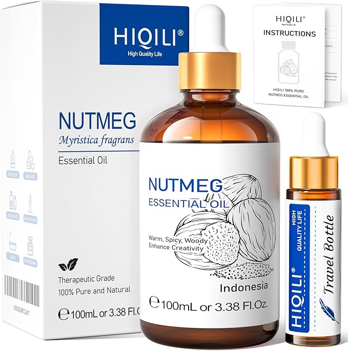 HIQILI Nutmeg Essential Oil 3.38 Fl Oz, Pure Natural Nutmeg Oil for Aromatherapy, Diffuser - 100ml