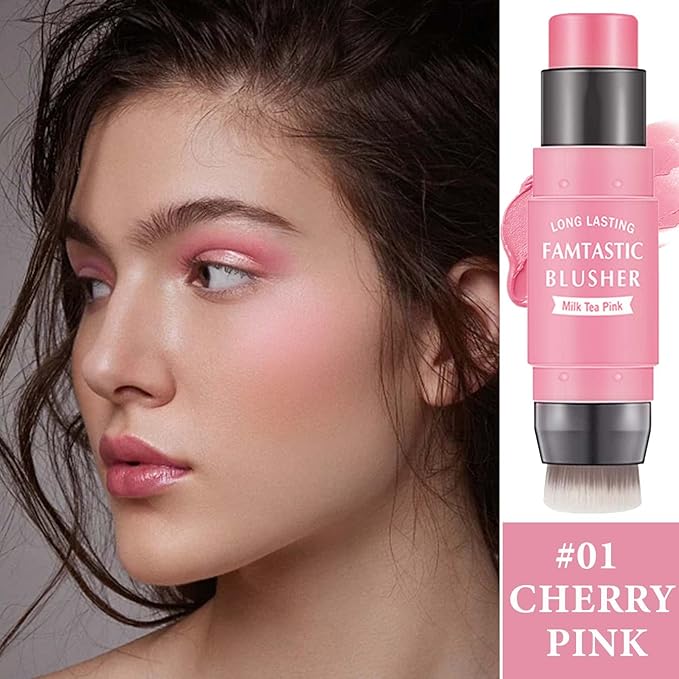 Cream Blush Stick,Blush Stick for Cheeks with Contour Brush,3-in-1 Long Lasting Waterproof Blush&Eye Shadow&Lip Gloss for Fair Skin Types（01 Milk Tea Pink）
