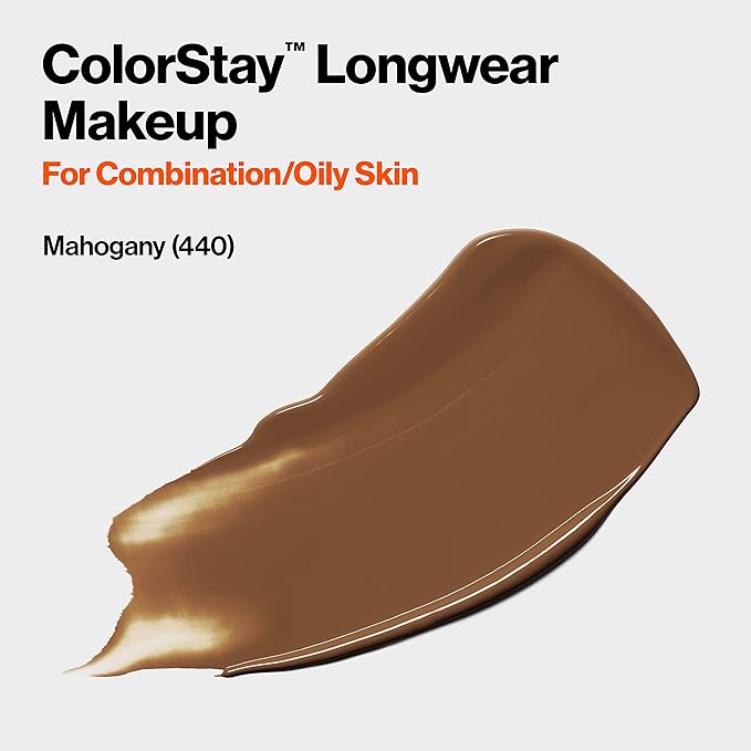 Revlon Liquid Foundation, ColorStay Face Makeup for Combination & Oily Skin, SPF 15, Medium-Full Coverage with Matte Finish, Mahogany (440), 1.0 oz