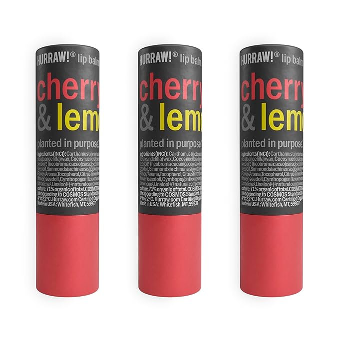 Hurraw! Cherry & Lemon Lip Balm, 3 Pack: Plastic-Free with new cardboard push-up tube. Certified Organic, All Natural Origin, Vegan & Cruelty Free. Gluten Free. Bee, Shea, Soy & Palm Free. Made in USA