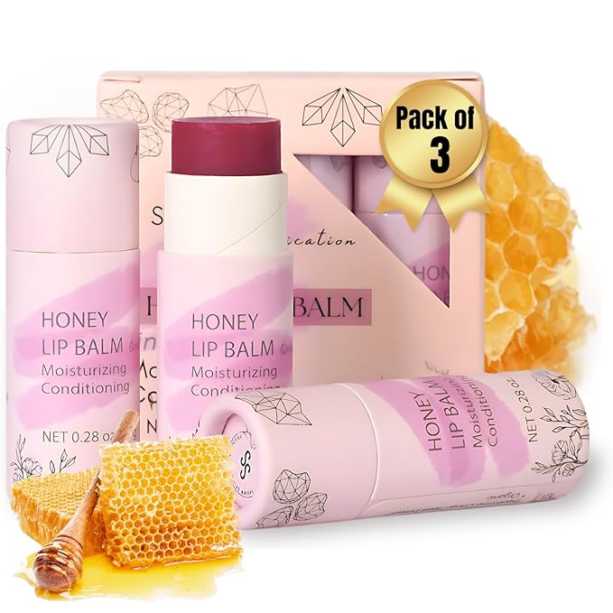 Organic Honey Lip Balm - 100% Grassfed Beef Tallow Chapstick for Women, Natural Raw Honey & Argan Oil - Ultra Moisturizing, Conditioning, Chemical Free - 3 Pack (3x0.28 oz) Tinted