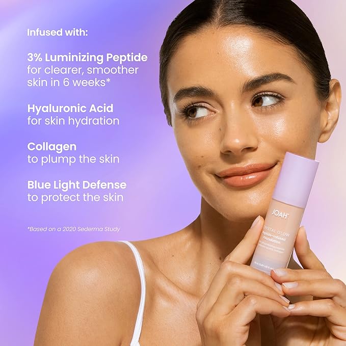 JOAH Crystal Glow Peptide-Infused Foundation, 2-in-1 Multitasking Korean Makeup with Blurring Face Primer, Luminizer, Hydration & Skin Defense for a Flawless Finish, 1.01 Oz, Tan Neutral (Pack of 2)