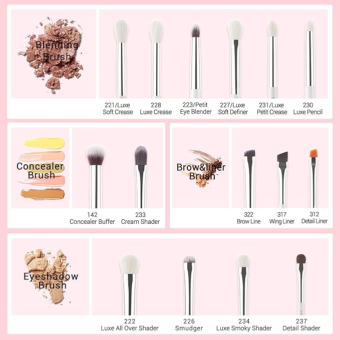 Jessup Small Eye Makeup Brush Set Professional 15pcs White/Silver Premium Natural-synthetic Eye Shadow Blending Concealer Eye & Brow Liner Brushes, T237