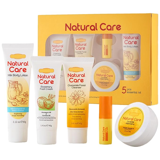 facial skin care set - facial gift sets for women - mini skincare products - body lotion, foot cream, cleanser, lip balm, hand salve