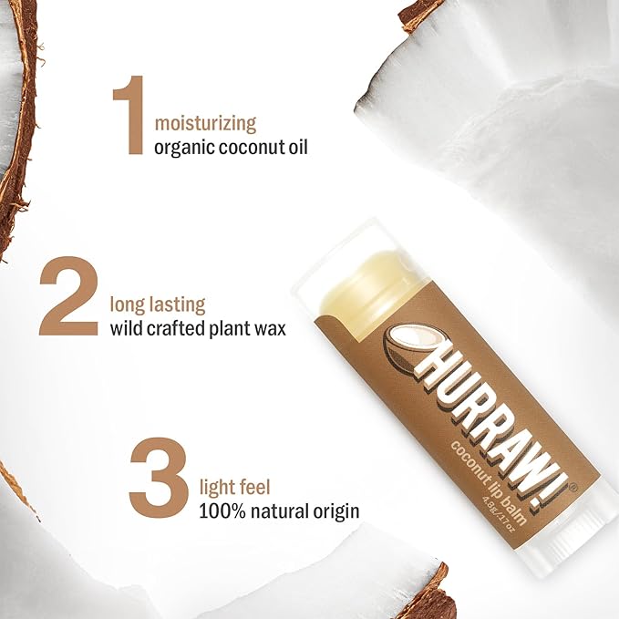 Hurraw! Coconut Lip Balm, 5 Pack: Organic, Certified Vegan, Cruelty and Gluten Free. Non-GMO, 100% Natural Ingredients. Bee, Shea, Soy and Palm Free. Made in USA