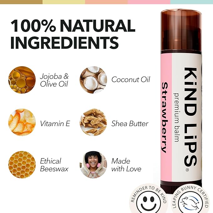 Kind Lips Lip Balm - Nourishing & Moisturizing Lip Care for Dry Lips with Shea Butter, Beeswax & Vitamin E | Strawberry Flavor | 0.15 Oz (Pack of 5)