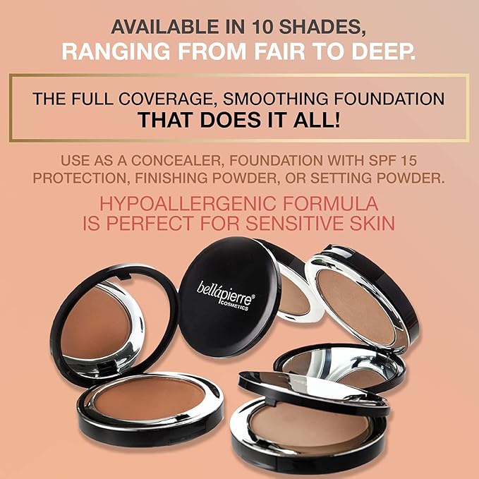 bellapierre Compact Mineral Foundation SPF 15 | Vegan & Cruelty Free Natural Makeup | Full Coverage Matte Foundation | Hypoallergenic | Oil & Talc Free - 0.35 Oz - Brown Sugar