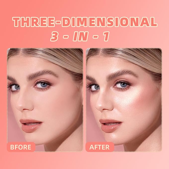 3 in 1 Contour Highlighter Blush Makeup Palette, Shimmer Matte 3 Colors Pigmented Brighten Highlighting Bronzer Blusher Eyeshadow Pallet, Long Lasting Shaping Full Face Eyes Makeup kit with Mirror