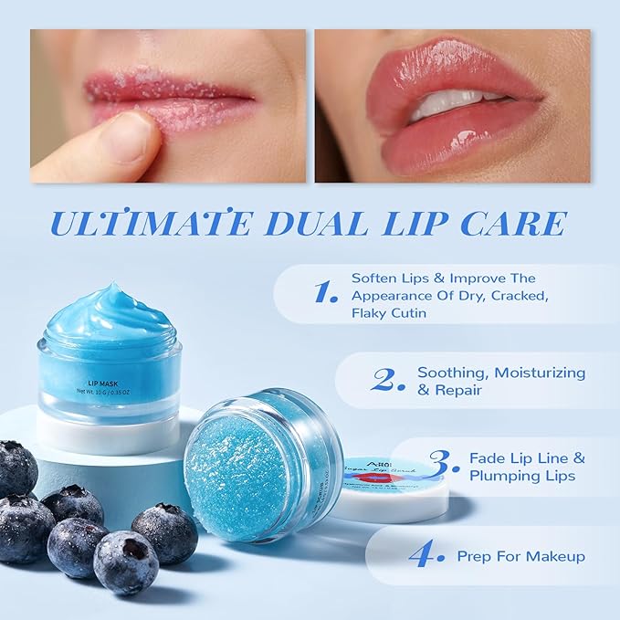ANAI RUI Lip Therapy Set, Lip Scrub & Lip Mask, Overnight Moisturizing Lip Care Kit, Suagr Lip Exfoliator and Lip Sleeping Mask for A Soft Lips, Lip Gift Set for Dry, Chapped, Dark Lips, Blueberry
