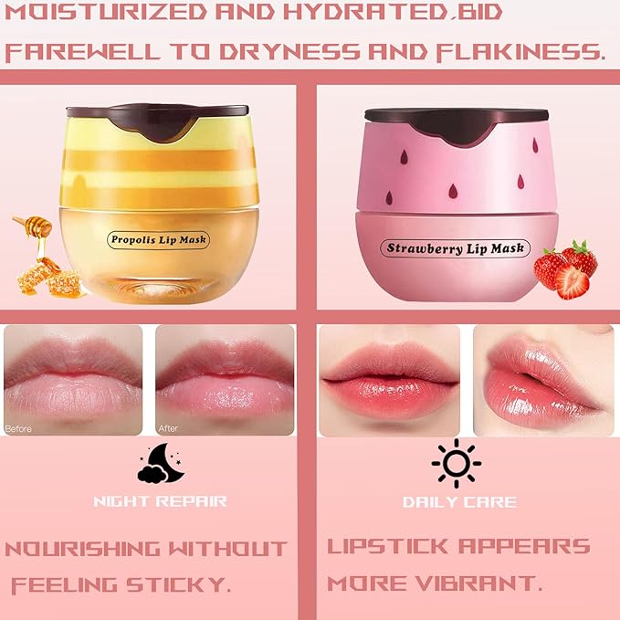 2 PCS Bee Lip Balm Honey Pot, Honey Strawberry Bee Lip Balm Sleeping Lip Mask Overnight with Sticks, Honey Pot Lip Balm Hydrating Exfoliating Prevention Dry and Crack Lip Scrubs