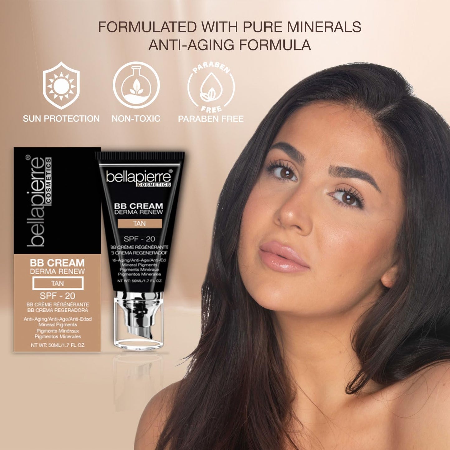 bellapierre BB Cream with SPF 20 - Tinted Sunscreen, Concealer, Matte Foundation, & Moisturizing Face Cream | Lightweight Formula + Pump Top Applicator | Non-Toxic & Paraben Free | 1.7 Oz - Tan