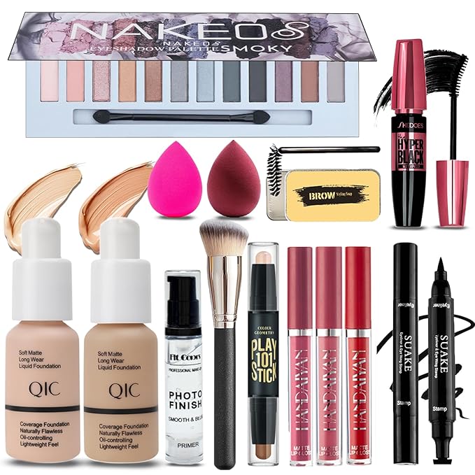 All in One Makeup Kit for Women Full Kit, 12 Colors Eyeshadow, Foundation & Primer, Lipsticks, Eyeliner, Mascara, Contour Stick, Brow Soap, Makeup Brush & Sponge, Make Up Gift Set for Women, Teens