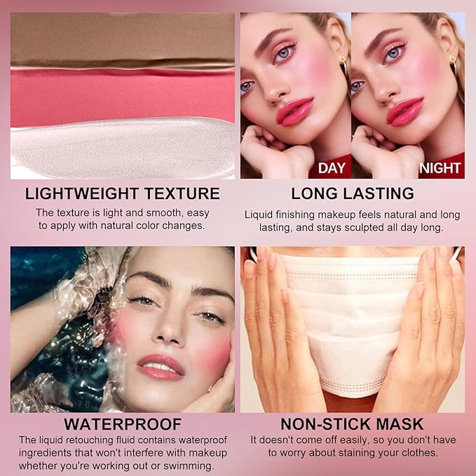 3Pcs Liquid Contour Makeup Trio with Bronzer Shade, Blush, Highlighter for Sculpted Makeup, Matte Finish Liquid Contour Set Easy to Create a Lightweight Look, Longwear Waterproof Formula (2, 8, 13)