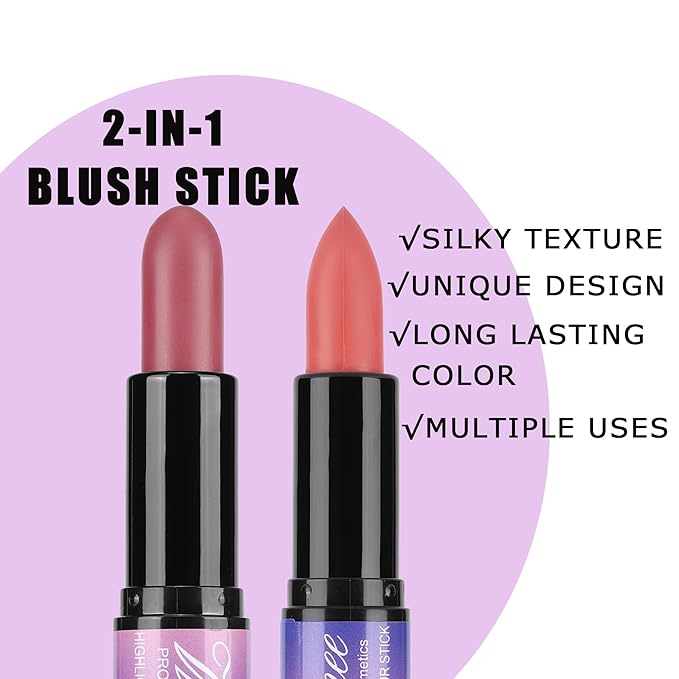 Dual-Ended Cream Blush Stick,Cream Blush Makeup Stick,Buildable Blush Stick for Cheeks Long Wearing,Easy Application,Lightweight Multi Stick,Plum & Peach
