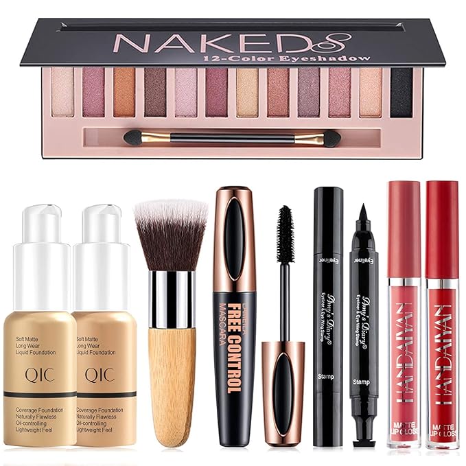 All in One Makeup Kit for Women Full Kit, Includes 12 Colors Naked Eyeshadow Palette, Foundation X 2, Eyeliner & Mascara, 2Pcs Lipstick and Makeup Brush, Gift Set for Women, Girls & Teens Makeup Set