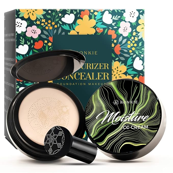 Mushroom Head Foundation, Moisturizing Concealer, Bright Makeup Base Long Lasting with Mushroom Makeup Sponge, Mirror inside，Easy to Apply, black