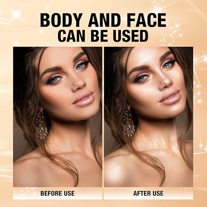 Glitter Body Highlighter Powder Body Shimmer Sparkle Face Brightening Highlighter Powder for Face Eyes Body Glow Makeup With sponge head（ Golden）