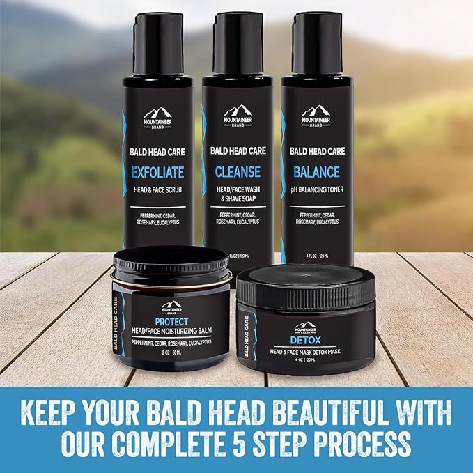 Mountaineer Brand Bald Head Care Gifts For Bald Men | All Natural 4 Step Daily Skin Care for Healthy Scalp & Face | Exfoliate Scrub | Cleanse Wash | Shine Away PH Balance | Protect Moisturizing Balm