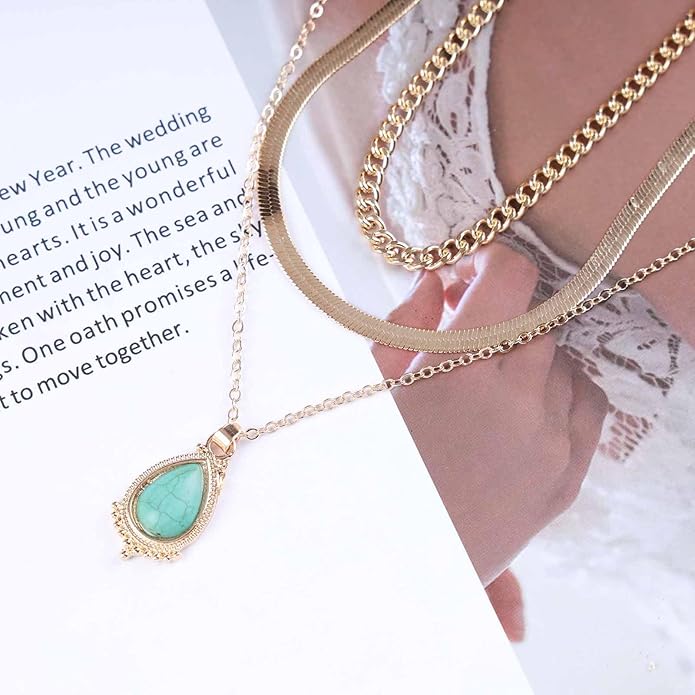 Vintage Layered Turquoise Necklace Turquoise Pendant Necklace Blue Stone Bead Choker Necklace Gold Snake Herringbone Chain Necklace Jewelry for Women