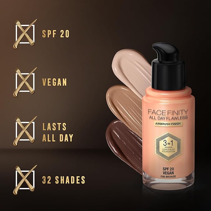 Max Factor Facefinity 3-in-1 All Day Flawless Liquid Foundation, SPF 20-32 Light Beige, 30 ml