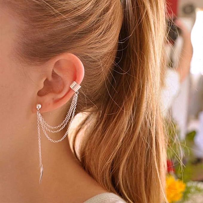 Boho Leaf Cuff Chain Earrings Silver Dangle Chain Earrings Cartilage Helix Earrings Cuff Helix to Lobe Chain Earrings Jewelry for Women and Girls