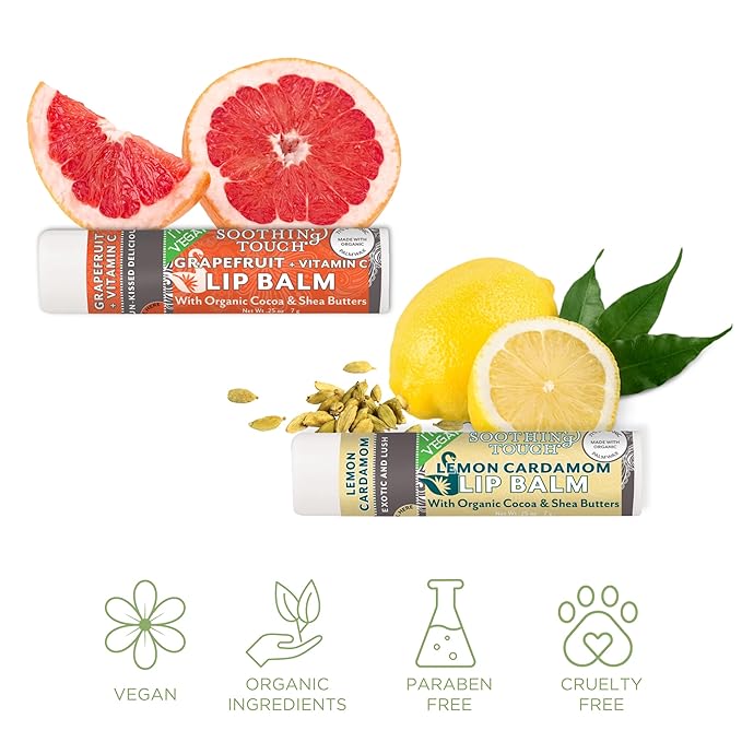 Vegan Lip Balm Set - Pack of 6 Soothing Touch Lip Balms. Includes Muslin Pouch & Lip Balm Holder Keychain (Pink): Pomegranate, Lemon Cardamom, Grapefruit, Vanilla Rose, Vanilla Chai, Lavender Coconut