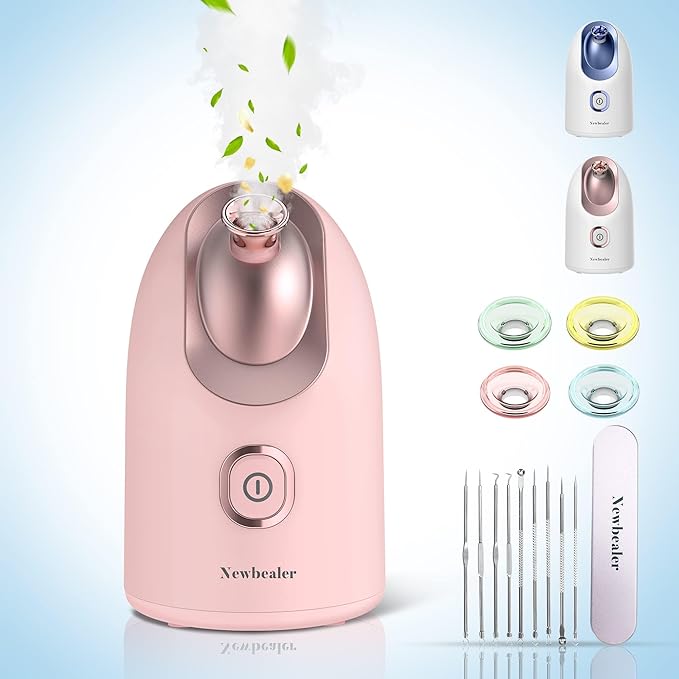 Newbealer Facial Steamer, Mini Aroma Face Steamer, Nano Ionic Hot Mist Facial Humidifier Atomizer, Home Sauna Spa Sprayer Moisturizing Cleansing Pores, 9 Pieces Acne Remover Kit (Pink-Gold, 160ml)