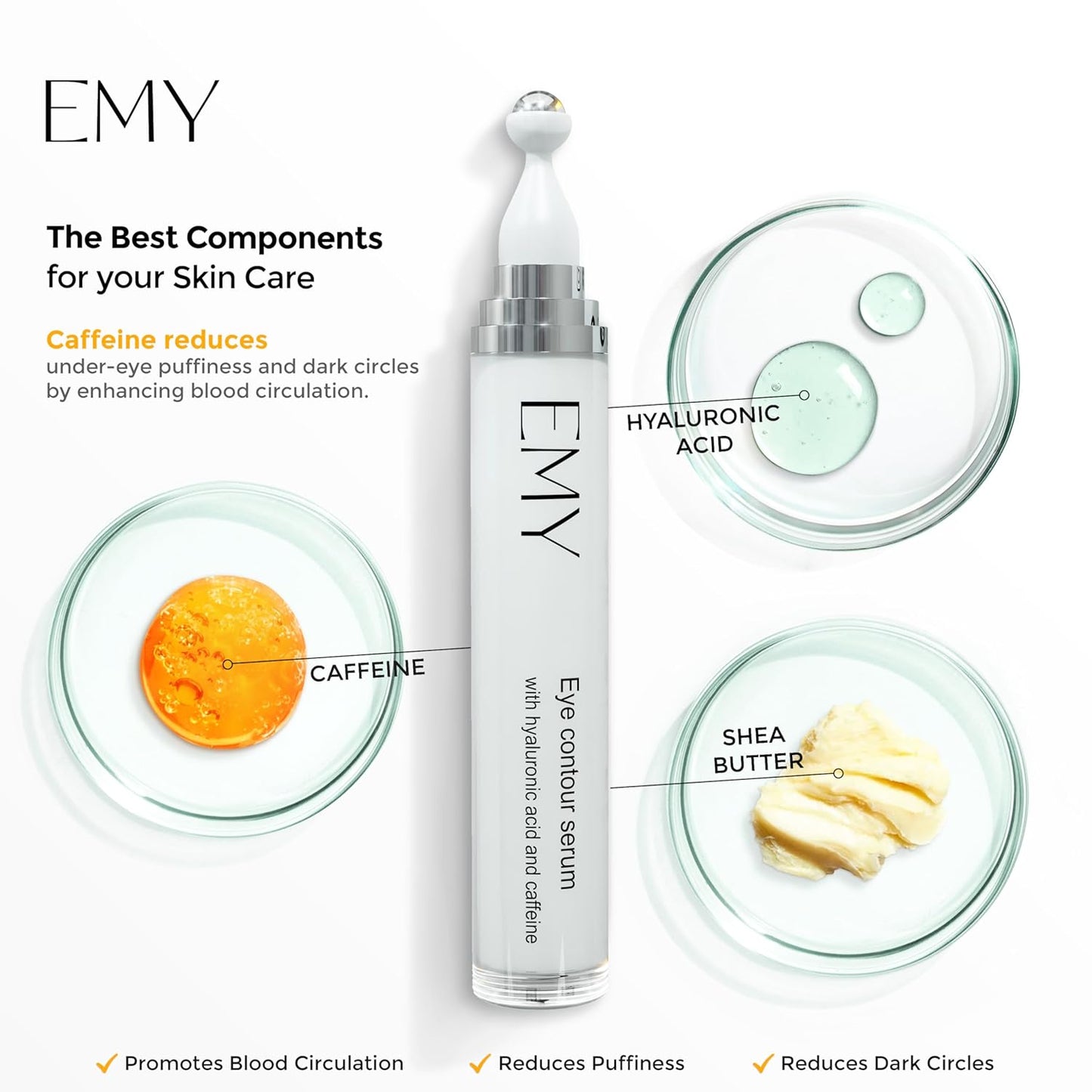 Eye Roller Serum Acid Hyaluronic Caffeine Moisturizing Plumping Massage Ball Reduces Dark Circles Bags Under Eyes Wrinkles and Fine Line Non-Greasy Suitable for Sensitive Skin