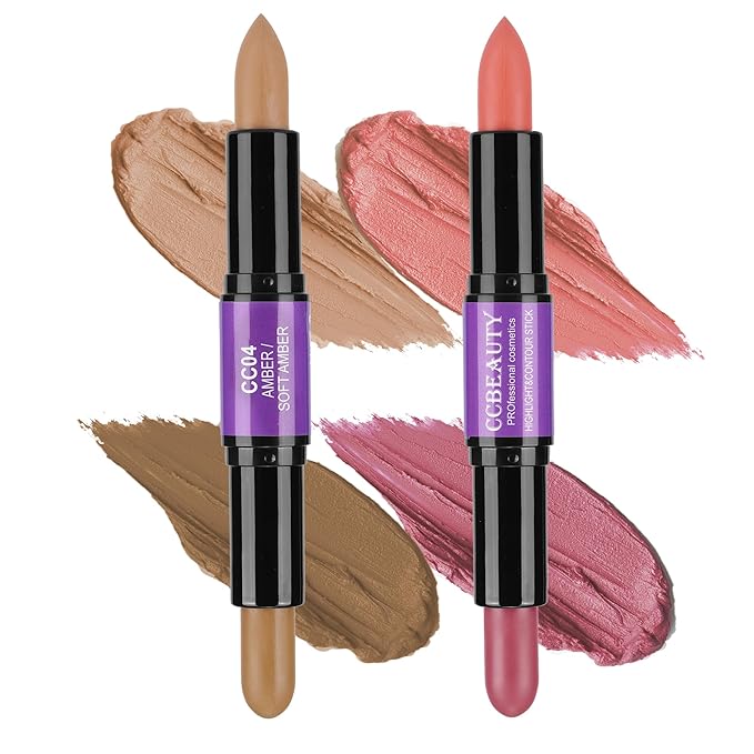 CCbeauty 2pcs 2-IN-1 Matte Contour Concealer Stick Cool Tone with Blush,Cream Blendable Bronzer & Blusher for Cheeks & Lip,Long Lasting & Waterproof Contouring for Face Shaping Makeup,AMBER/SOFT AMBER