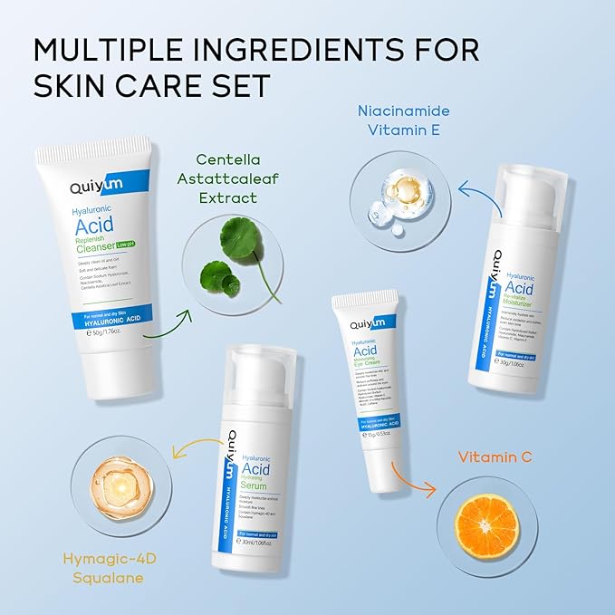 Hyaluronic Acid Skin Care Set, Hydration Kit for Women Teen Girls, Low pH Cleanser, Moisturizer, Serum, Eye Cream, Anti Aging, Firming, Travel Size Facial Care Gift Set for Dry Sensitive Skin