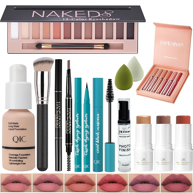 All In One Makeup Kit Full Kit, 3 Pcs Cream Contour Sticks,12 Colors Eyeshadow Palette,Full Coverage Foundation, 6 Colors Lipstick Set, Waterproof Eyeliner and Mascara(102# Nude)