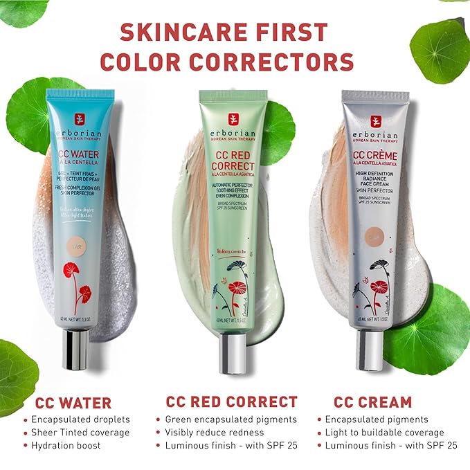 Erborian CC Water with Hyaluronic Acid, Doré - Ultra-Light Aqua Gel Color Corrector with Centella Asiatica & Hyaluronic Acid - Plump, Softer & Hydrated Skin - Korean Skincare Skin Perfector - 1.3 Oz