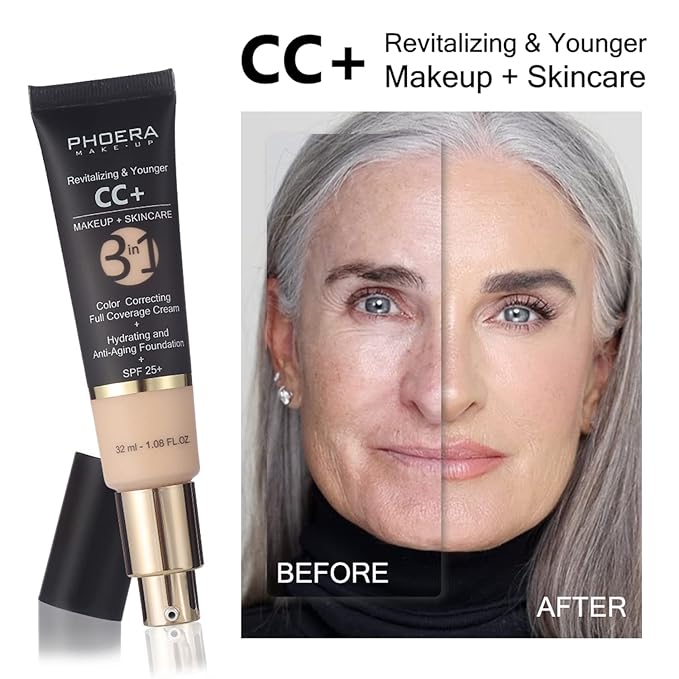 PHOERA Foundation,PHOERA CC Cream Foundation Color Correcting Anti Aging Hydrating Serum &SPF 25+,PHOERA Primer, PHOERA Makeup Foundation, Makeup Brushes (104 Buff Beige+160 Sand CC Cream)