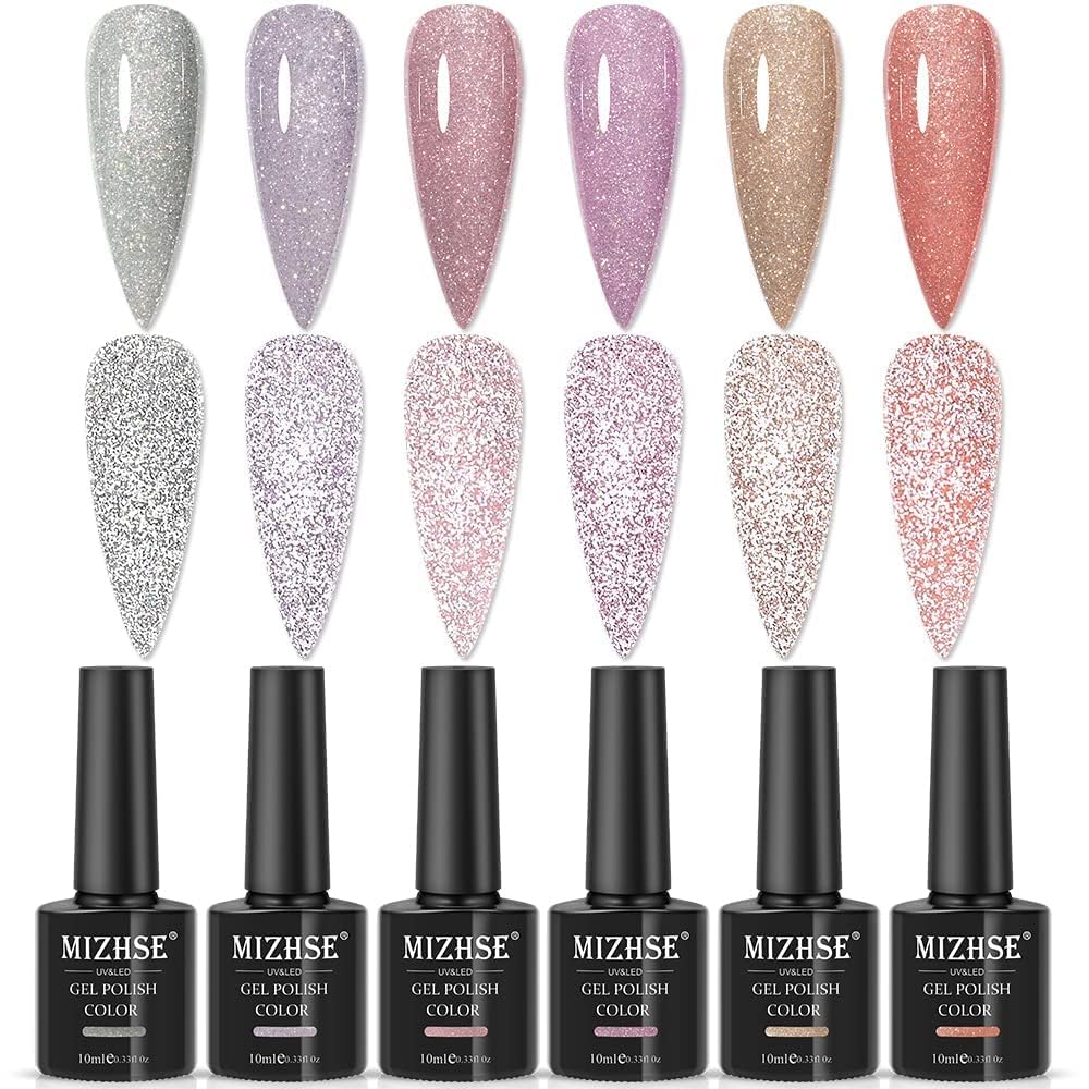 MIZHSE Glitter Gel Nail Polish, 2 In 1 Reflective & Rubber Base Gel Polish 10ml, Sparkly Shimmery Effect Nude Pink Silve Purple Colors Soak Off Nail Art Manicure Home Salon Gift for Women