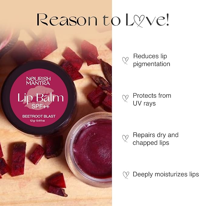 Nourish Mantra - Beetroot Blast Lip Balm with SPF | Made with Olive oil, Shea Butter, Vitamin E and Avocado Oil | For Dry, Chapped & Dark Lips | Best for Both Women and Men | 12g (Pack of 1, Beetroot)